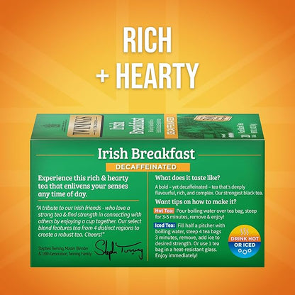 Twinings Decaffeinated Irish Breakfast Black Tea Individually Wrapped Bags, 20 Count (Pack of 6), Flavourful, Robust, Enjoy Hot or Iced, 120 Teabags