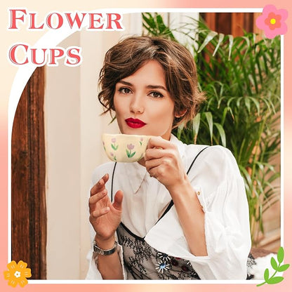 Ceramic Coffee Mug Vintage Flower Mugs 8 oz Cute Floral Coffee Mugs Irregular Latte Art Cup Lead-free Porcelain Cups for Cappuccino, Cocoa (Pink Cherry, Purple Tulips)