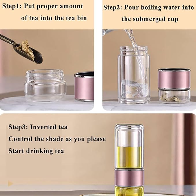 QUROXO 2025 New Tryteava Glass Infuser, Teava 3-In-1 Smart Tea Infuser with Cup Brush, Double-Layer Borosilicate Glass Tryteava Tea infusers Separation Cup (Silver, 350ml (12oz))