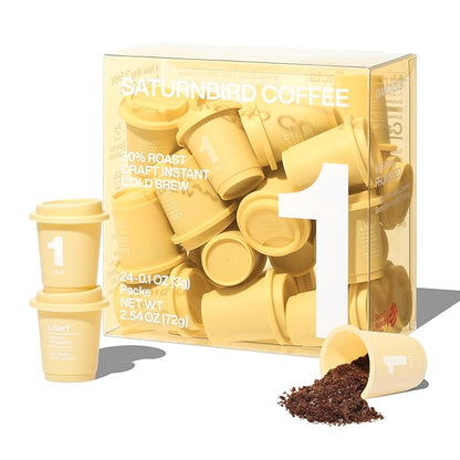 SATURNBIRD Coffee Instant Cold Brew, Light Roast, Bright & Fruity Blend of 100% Specialty Arabica, Enjoy Hot or Cold, Freeze Dried Iced Coffee, 24 Single Servings for Home, Travel, Office (NO.1)