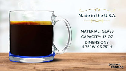 Libbey Clear Glass Coffee Mugs 13 oz. Set of 10, Bulk Pack - Perfect for Coffee, Tea, Espresso, Hot Cocoa, Other Beverages - Blue Bottom