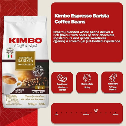 Kimbo Espresso Barista 100% Arabica | Whole Bean Coffee | Medium Roast | 9/13 Intensity | Naturally Sweet Flavor, With Cytrus and Honey Notes | 2.2 Lbs Bag