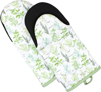 Heat Resistant Designer Kitchen Oven Mitts with Neoprene Non-Slip Grips and Hanging Loops | Set of 2 100% Cotton Long Sleeve Kitchen Oven Mitts | 5.5" x 12" | Green Herbs
