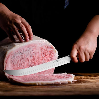 TUO Butcher Knife - 12 Inch Breaking Butcher s Knives Curved Granton Edge Carver Slicing Knife Long Meat Veggies Cleaver - German HC Steel Comfortable Pakkawood Handle - Fiery Series Gift Box Included