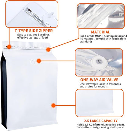 New 2.5 KG Large Capacity Coffee Bags with Valve (50 PCS) White Sides Black High Barrier Aluminum Foil Flat Bottom Standing Coffee Beans Storage Packaging Bags, Reusable Heat Seal Side Zipper Pouches