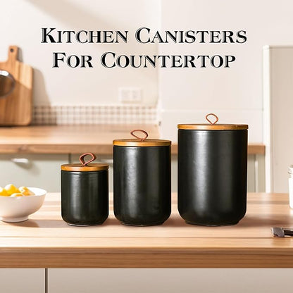 JOJUNO Black Ceramic Canister Set with Wooden Lid, 3-Piece Airtight Food Storage Jars for Kitchen Counter - Flour, Sugar, Coffee, Tea, Spice - Small, Medium, Large Sizes