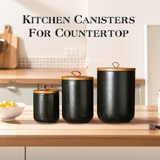 JOJUNO Black Ceramic Canister Set with Wooden Lid, 3-Piece Airtight Food Storage Jars for Kitchen Counter - Flour, Sugar, Coffee, Tea, Spice - Small, Medium, Large Sizes