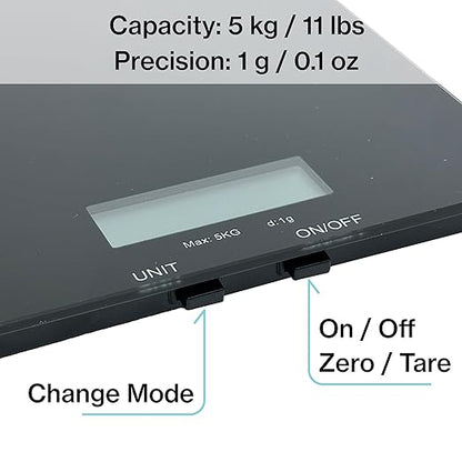 PantryPro Glass Platform Digital Kitchen Scale - 11lbs / 5kg Capacity - LCD Display g kg oz lb fl.oz ml - CR2032 Battery Included - White