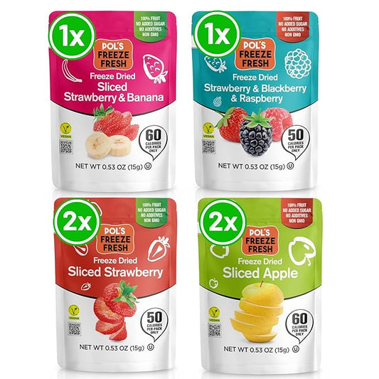 Pol’s Freeze Fresh - 6 Pack Freeze-Dried Fruit Mix – 2x Strawberry, 2x Apple, 1x Strawberry-Banana, 1x Berry Mix (1 Oz Each), No Sugar, Non-GMO, Kosher, Vegan, Gluten-Free