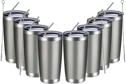 MEWAY 20oz Tumbler 8 Pack Double Wall Vacuum Insulated Travel Mug Bulk, Stainless Steel Tumblers with Lid and Straw, Durable Powder Coated Coffee Cups for Cold & Hot Drinks (Cold Gray, 8)