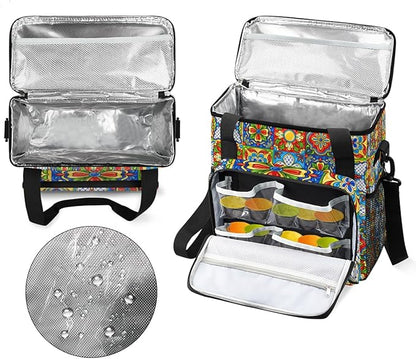 Ethnic Mexican Colorful Flowers Plaid Coffee Maker Carrying Bag, Coffee Machine Travel Storage Tote Bag Compatible with K-Mini or K-Mini Plus, Portable Single Serve Coffee Brewer Case with Pockets