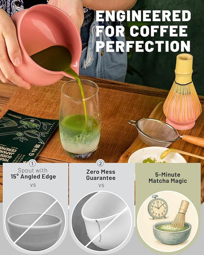 Nucookery Matcha Set - 5PCS Matcha Whisk Set, 18OZ Matcha Bowl (Chawan) with Spout, Matcha Whisk (Chasen) and Holder, Bamboo Matcha Scoop and Sifter, Matcha Kit/Tools/Accessories for Tea Ceremony