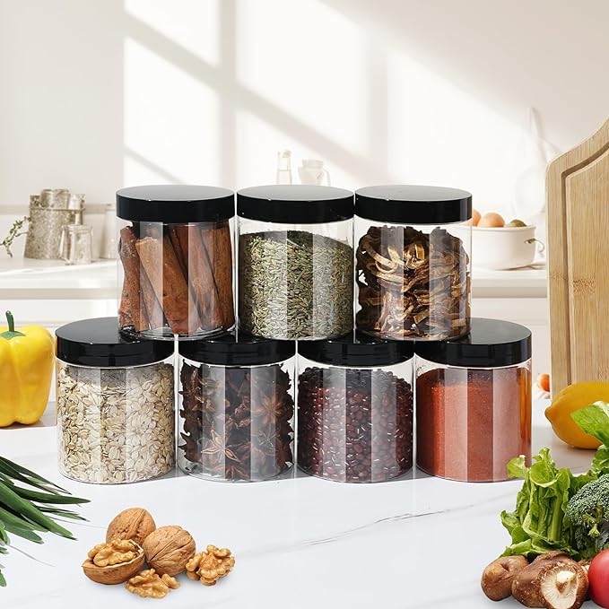Plastic Jars with Lids,Airtight Container Ideal For Dry Food, Honey Jam, Peanut Butter,Cosmetics, Cream, Bathroom and Storage Included Extra Label and A Pen (30 PCS Black Lids)