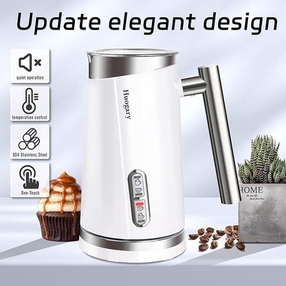 Huogary 4-in-1 Milk Frother, Updated Milk Frother and Steamer, Milk Steamer for Milk Foam & Hot Milk(4.39oz/10.5oz), Electric Milk Warmer and Frother for Coffee, Latte, Cappuccino White 120V