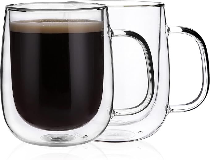 CNGLASS Glass Coffee Mugs 12oz,Double Wall Insulated Mug Set with Handle,Clear Glass Espresso Mugs for Latte,Cappuccino,Tea Bag,Hot and Cold Beverages,Set of 2