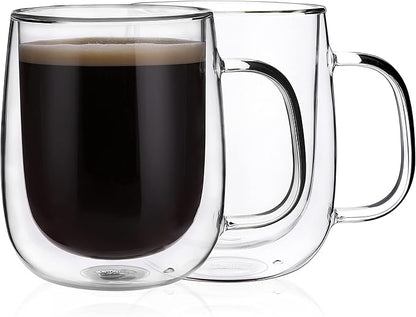 CNGLASS Glass Coffee Mugs 12oz,Double Wall Insulated Mug Set with Handle,Clear Glass Espresso Mugs for Latte,Cappuccino,Tea Bag,Hot and Cold Beverages,Set of 2