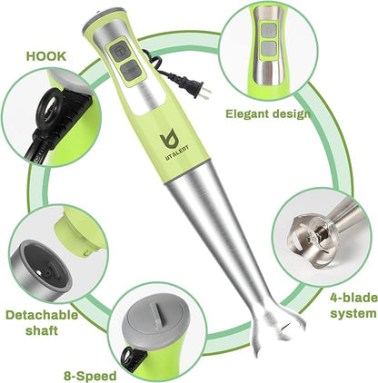 Immersion Hand Blender, UTALENT 5-in-1 8-Speed Stick Blender with 500ml Food Grinder, BPA-Free, 600ml Container,Milk Frother,Egg Whisk,Puree Infant Food, Smoothies, Sauces and Soups - Green
