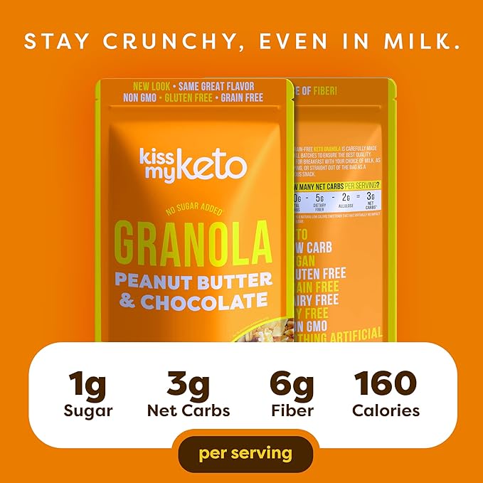Kiss My Keto Sugar Free Granola, Peanut Butter Chocolate 2-Pack – Curb Cravings with Few Net Carbs – Allulose Sweetened, Resealable & Gluten-Free Crunchy Clusters – Grain Free Granola Great With Yogurt or Milk