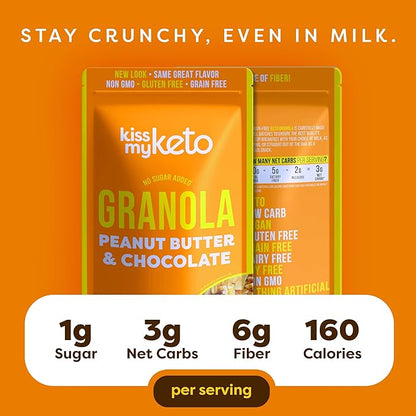 Kiss My Keto Sugar Free Granola, Peanut Butter Chocolate 4-Pack – Curb Cravings with Few Net Carbs – Allulose Sweetened, Resealable & Gluten-Free Crunchy Clusters – Grain Free Granola Great With Yogurt or Milk