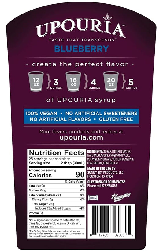 Upouria Blueberry Syrup Flavoring, 100% Vegan, Gluten-Free, Kosher, 750ml bottle (Pack of 2) with 1 Syrup Pump