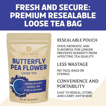 BREWIX, Butterfly Pea Flower Herbal Tea Loose Leaf (40+ Cups,1.41oz/40g) | Caffeine Free | Premium Dried Butterfly Pea Flowers For Blue & Purple Drinks, Food Coloring