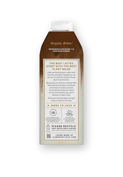 Elmhurst 1925 Caramel Cashew Latte – Plant-Based, Vegan, Dairy-Free Plant Milk Latte Made of Cashew Milk, Cold Brew Premium Arabica with 95mg Caffeine & Sweet Caramel Notes – 25.4oz (Pack of 6)