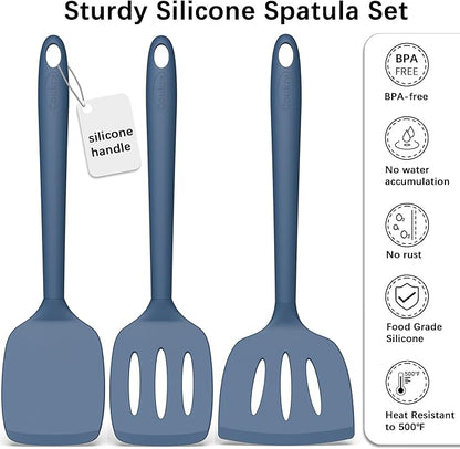Coukre Silicone Spatula Set of 3, High Heat Resistant, BPA-Free, Kitchen Utensils, Fish Spatula, Solid & Slotted Turner for Non-Stick Pans, Flipping Eggs, Pancakes, Fish, Burgers (3, PureDarkBlue)