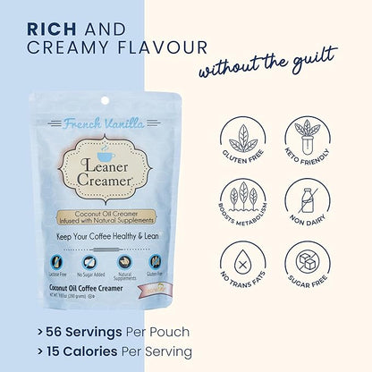 Leaner Creamer Coconut Creamer with Superfood Ingredients – Non-Dairy, Sugar-Free, Keto, Gluten-Free Powdered Coffee Creamer – French Vanilla – 280g