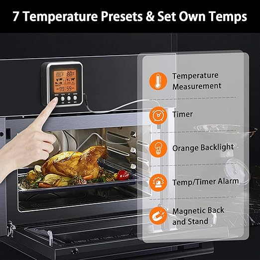 Digital Meat Thermometer for Oven, Food Thermometer with Large LCD, Backlight, Kitchen Timer, Temperature/Time Alarm for Smoker, BBQ, Barbecue, Cookware