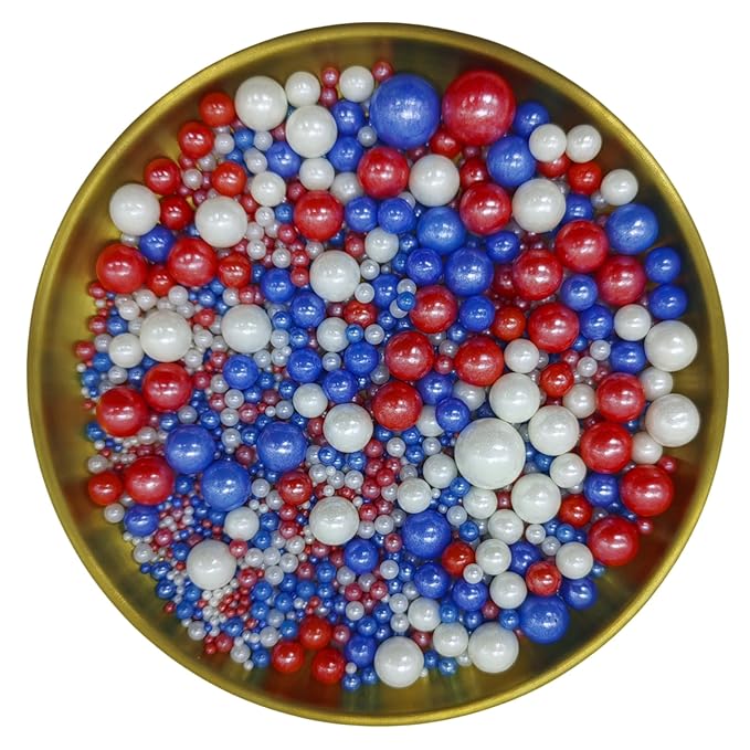 Edible Red & Blue & White Sugar Pearls Sprinkles Candy Mix Size Pearls Cake Decorations Cupcake Toppers Decorating Perfect for Wedding Party Valentine Christmas Supplies 4.58OZ