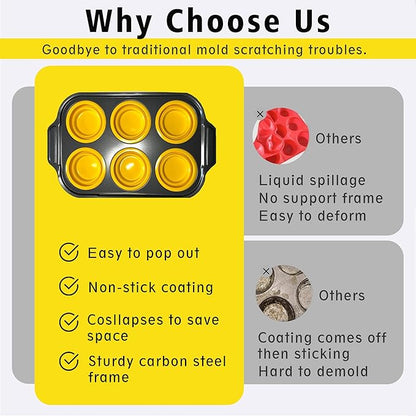 Silicone Muffin Pan Set, 6 Cups Cupcake Pan, With Metal Frame Nonstick Press to Easily Pop Out for Baking Homemade Muffins,Breads, Cupcakes, Egg Bites, BPA-Free Silicone (Yellow, 6Cups)