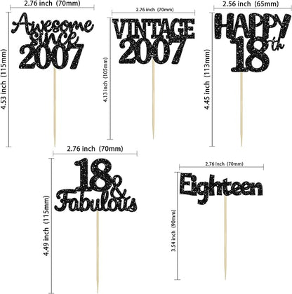 Gyufise 30Pcs Vintage 2007 Cupcake Toppers Glitter Eighteen Happy 18th Cupcake Picks Happy 18th Birthday Cake Decorations for Happy 18th Birthday Fabulous Anniversary Party Supplies Black