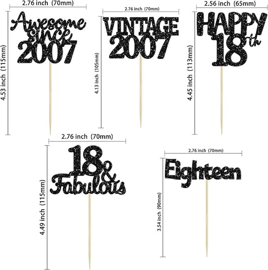 Gyufise 30Pcs Vintage 2007 Cupcake Toppers Glitter Eighteen Happy 18th Cupcake Picks Happy 18th Birthday Cake Decorations for Happy 18th Birthday Fabulous Anniversary Party Supplies Black