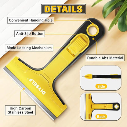 DIYSELF Razor Blade Scraper, 1 Pack Razor Scraper, 4 Inch Razor Blade Scraper Tool with 10 Extra Blades, Scraper for Cleaning, Glass Top Stove, Sticker Removal, Floor, Glass Scraper, Paint Scraper