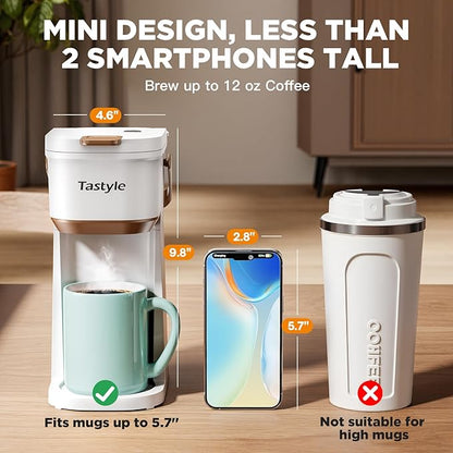 Single Serve One Cup Coffee Maker, for K Cups and Grounds, Mini Coffee Maker with Portable Handle, 6 to 12 Oz Brew Size, for Travel, Camping, Office, RV and Dorm, 120V, White and Brown