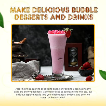 Fanale Strawberry Popping Boba Pearls, Vegan, Non GMO, Gluten Free, Fat Free, Perfect for Bubble Tea, Smoothies, Ice Cream, Desserts, and Beverages.