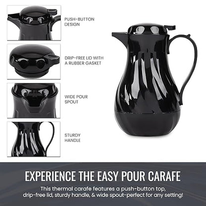 OCS Parts Easy Pour Thermal Coffee Carafe | 10-Inch Insulated Hot and Cold Beverage Pitcher Server for Coffee, Tea, Hot Chocolate and Water with Colored Tags for Easy Idenfication | 42-Ounce | Black
