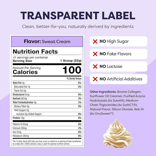 Collagen Protein Coffee Creamer Sweet Cream - Made with Grass Fed Pasture Raised Collagen - Hair, Skin & Nail support with Energy-Boosting MCTs, Keto Friendly, Lactose Free & Gluten Free, 0g of Sugar, 11g of Protein
