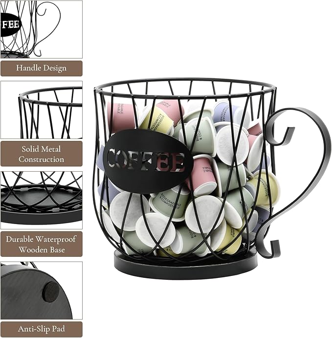 Coffee Pod Holder Organizer, Large Capacity K Cup Holder Organizer, Storage Basket for Kitchen Countertop Office Coffee Bar with Wooden Base(Rustic Black-Round)