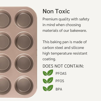 Non Toxic Nonstick 12 Cup Muffin Pan | PFOA BPA free Nontoxic Cupcake Tin | Best Non Stick Muffin Pans | Muffin tins | Cupcakes Tray | Carbon Steel Bakeware Mold Trays