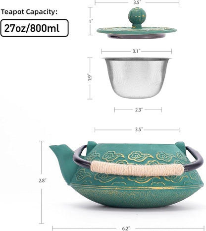 Cast Iron Teapot, Japanese Tea Pot with Infuser for Loose Leaf, Tea Kettle Stovetop Safe Coated with Enameled Interior, Clouds Pattern 27oz, 800ml Black