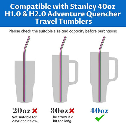 Tomorotec 8-Pack Bent Stainless Steel Straws for 40oz Stanley Tumblers, 12" Metal Straws for Stanley Cup with 1 Brush, Reusable Drinking Straws for Smoothies, Milkshakes, Dishwasher Safe (Iridescent)