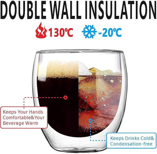 5.5oz Glass Coffee Mugs Set of 2, Double Walled Espresso Cups for Latte Cappuccino Cocoa Milk Cafe Juice, Clear Glass Tea Cup Set Glassware Gift for Christmas Birthday