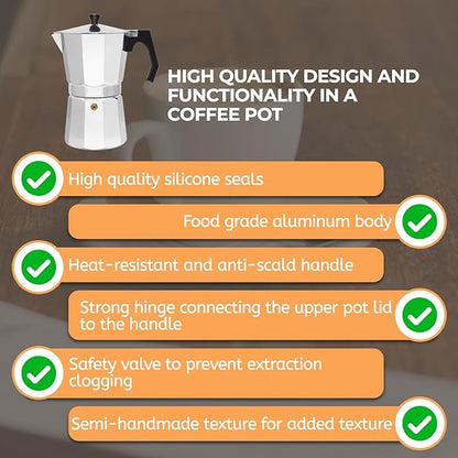 Aluminum 12 Cup 600ml Moka Pot Express Coffee Maker Stovetop Espresso Percolator Coffeemaker Italian Classic Style Brewing Greca Cafe Mocha Machine for Cafeteras Lover Camping Travel and Home Use 20oz