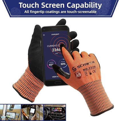 Schwer ProGuard Highest Level Cut Resistant Work Gloves PR3326 for Extreme Protection，ANSI A9 Cut Gloves with Reinforced Thumb, Non Slip, Non PFAS, Durable, Touch-screen, Orange 2 Pairs（L）