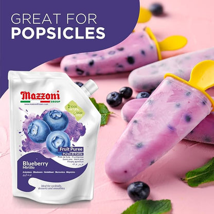 Mazzoni Blueberry Puree, 100% Pure Blueberries, Just Fruit, No Sugar Added, 2.2 lbs (35.2 oz) RMixer for Cocktails, Drinks, Smoothies. Convenient Pouch, Made in Italy