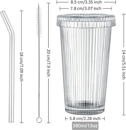 13oz Clear Iced Coffee Cups with Lids, Clear Glass Tumbler with Straw & Lid, Ribbed Glassware Cups, Dishwasher Safe Drinking Glasses, Stylish Glass Cups for Coffee, Juice, Tea, Matcha