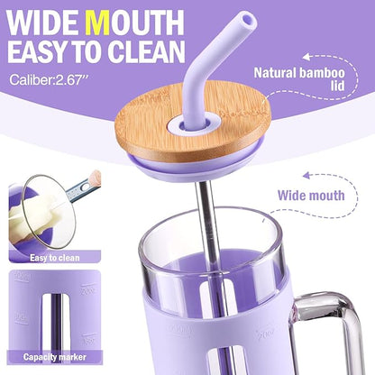 Kodrine Glass Tumbler with Lid and Straw, 20 oz Glass Coffee Tumbler with Handle, Smoothie Cup with Bamboo Lid, Time Marker, Silicone Sleeve, Reusable Iced Coffee Cup BPA Free - Amber Purple