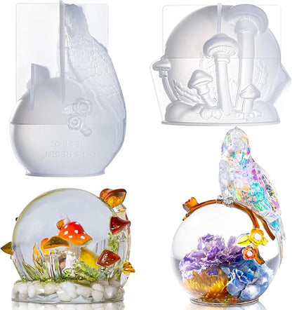 LET’S Resin Crystal Ball Resin Molds, Crystal Orb Decorative Statue Silicone Molds with Mushroom Stand and Bird Figurine,3D Sphere Epoxy Resin Molds for DIY Tabletop Decor, Housewarming Gifts