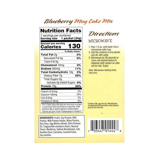 FITWISE - High Protein Mug Cake Mix, 15g Protein, Low Calorie, Low Net Carbs, Low Fat, High Fiber, Gluten Free, Ideal Protein Compatible, 7 Servings Per Box (Blueberry)